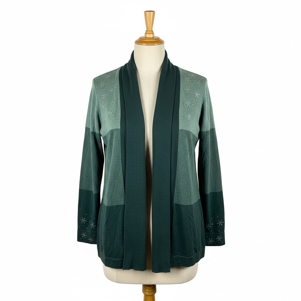Quacker Factory Cardigan Sweater Womens M Green Embellished Snowflake Open Front